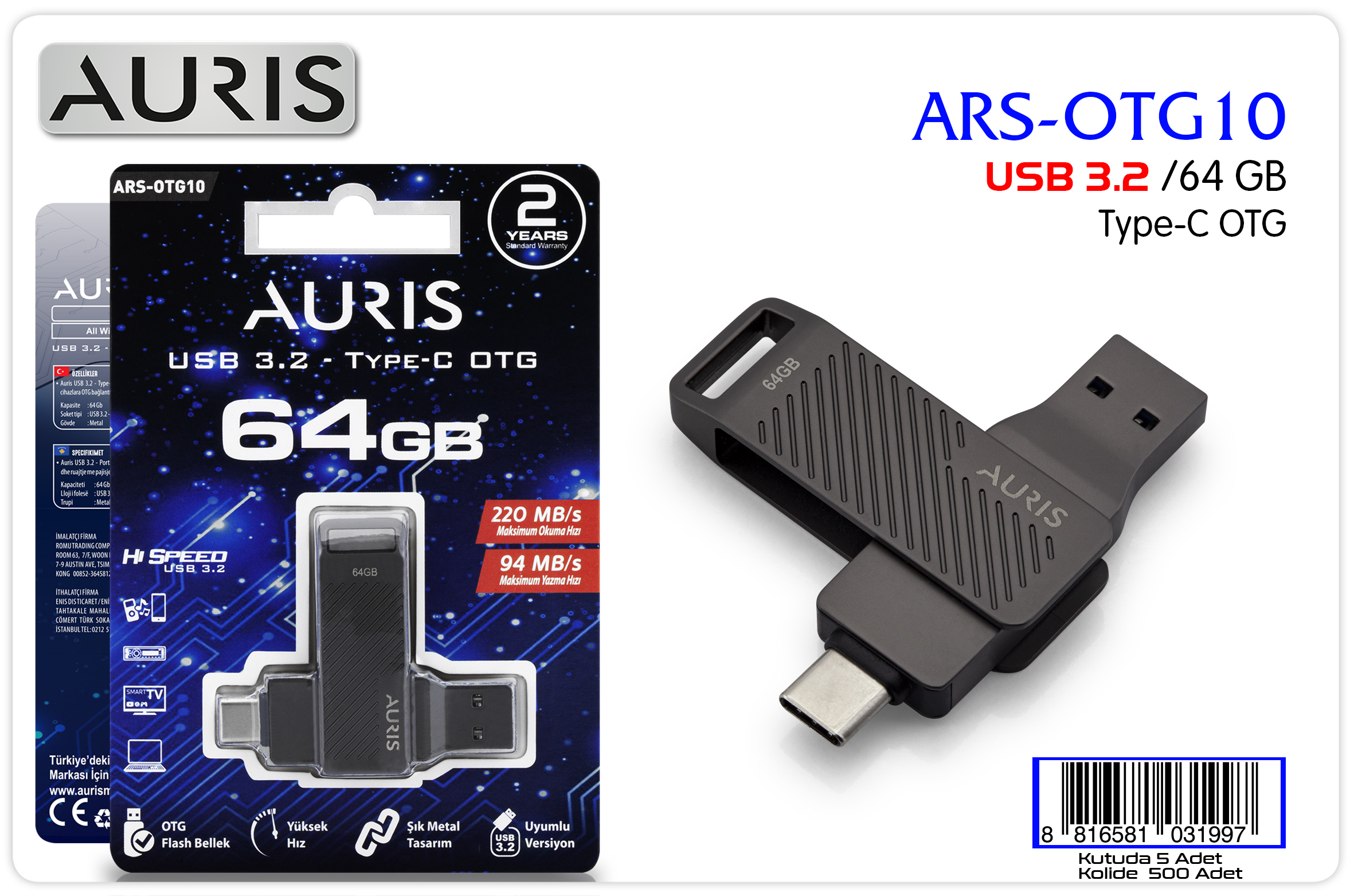Auris OTG10 64 GB USB 3-2 Type-C Flash 220mbps okuma 94mbps yazma